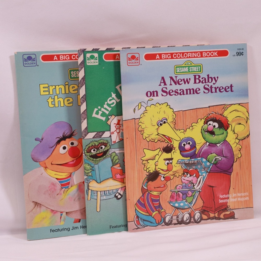 Vintage 1980s Sesame Street Coloring Books Lot of 3 New Baby 1st Day of‎ School